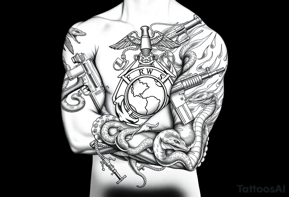 I want a full sleeve from shoulder to wrist. I want to incorporate a firefighter and Marine corps logo. I like snakes, rifles, guns, flames tattoo idea