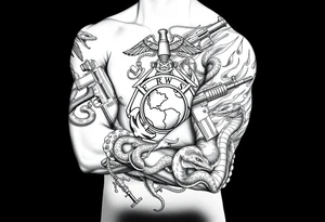 I want a full sleeve from shoulder to wrist. I want to incorporate a firefighter and Marine corps logo. I like snakes, rifles, guns, flames tattoo idea