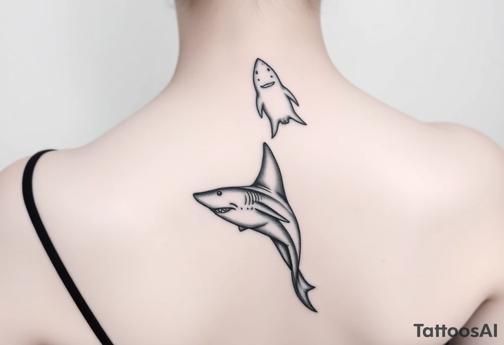 one lemon shark and one whale shark swimming upwards towards the neck tattoo idea