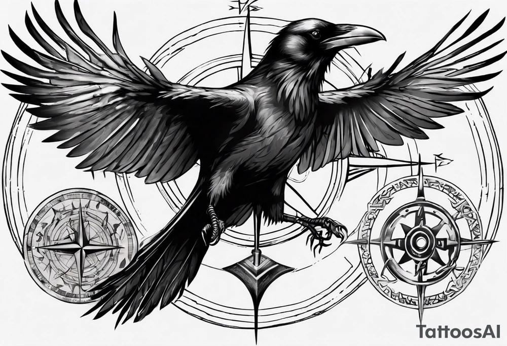 black raven with flying forward with a viking compass in the background tattoo idea
