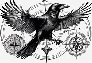black raven with flying forward with a viking compass in the background tattoo idea