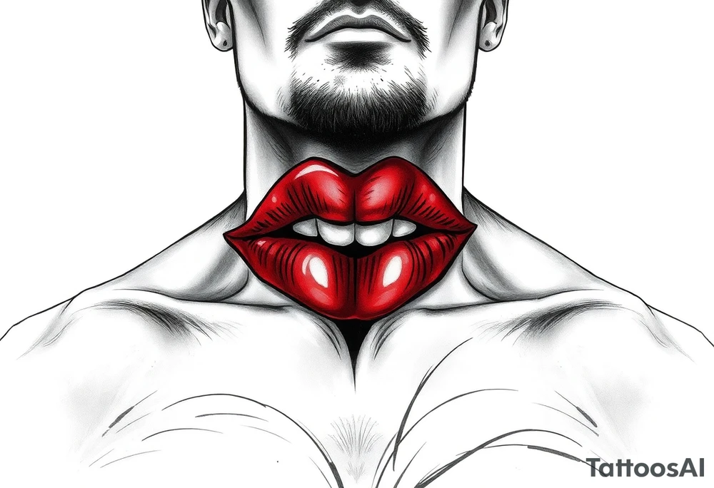 Come up with a cover up of red lip print on the collar bone for a man. tattoo idea