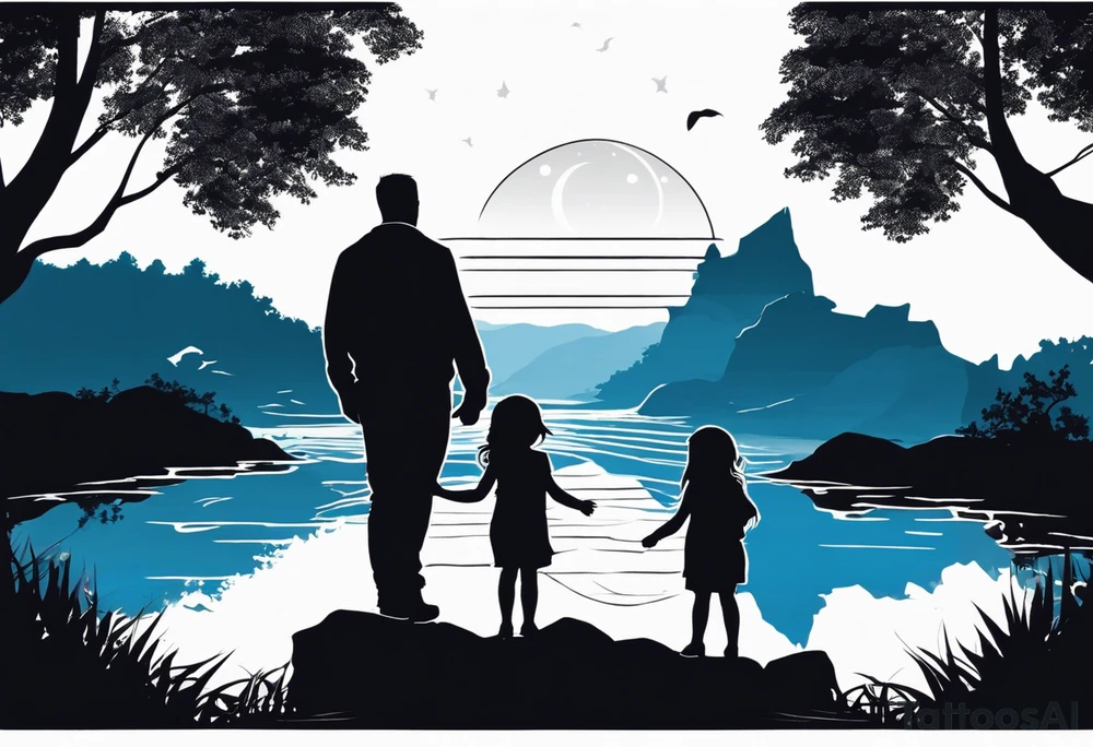Silhouette of father standing in between daughter and younger son in front of water with reflection and waterfall with the waterfall only being blue. Everything else black and white. 6 year old daughter on one side and 2 year old son on the other side of the father. Moon with reflection tattoo idea