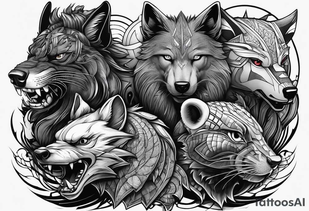 a super hero team which is combination of animals.
One is Badger/Wolverine One is Bull One is Wolf One is Axolotl One is Canary One is Lizard One is Cat tattoo idea