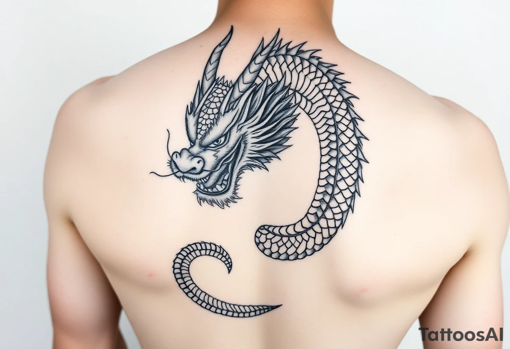 “Create a detailed black-and-gray dragon tattoo design covering the hand and forearm. The design should include intricate scales, fierce eyes, and a bold, flowing style. The dragon’s head should start at the hand, with its body coiling up the forearm. Ensure the shading is rich and dynamic, emphasizing depth and texture, with traditional Asian tattoo art influences.” tattoo idea