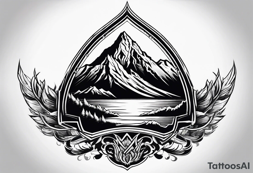 A flaming shield adorned with a mountain tattoo idea