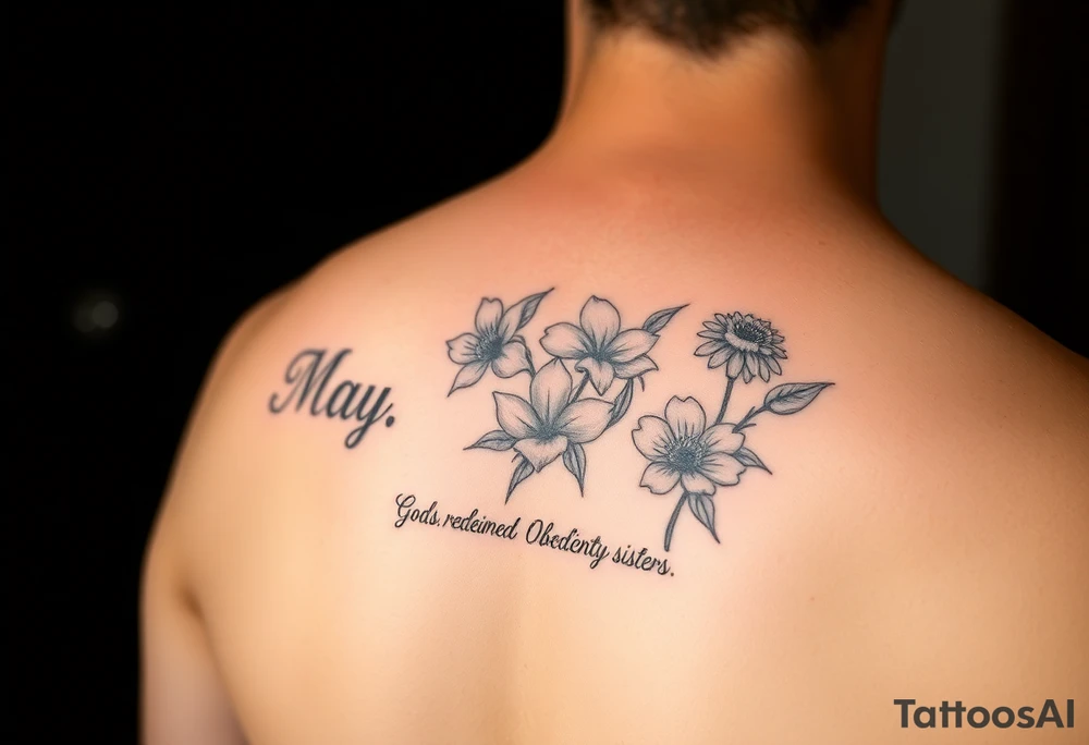 Smaller tattoo with May and December birth month flowers and the saying Gods Redeemed Obedient Salty Sisters aligned to the left tattoo idea