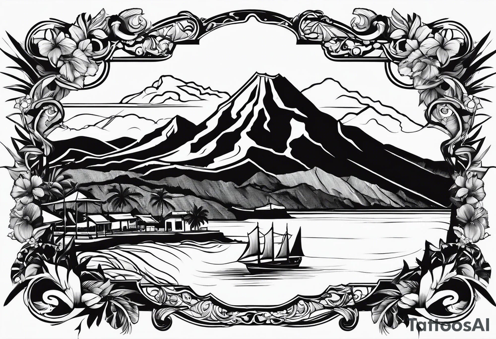 Map of the eastern Caribbean islands with an ocean view of the island mountains across the sea in the background tattoo idea
