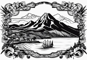 Map of the eastern Caribbean islands with an ocean view of the island mountains across the sea in the background tattoo idea