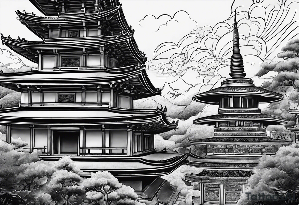 A long tattoo that has a map as a background with a Buddhist round stupa at the bottom tattoo idea