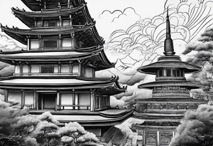 A long tattoo that has a map as a background with a Buddhist round stupa at the bottom tattoo idea
