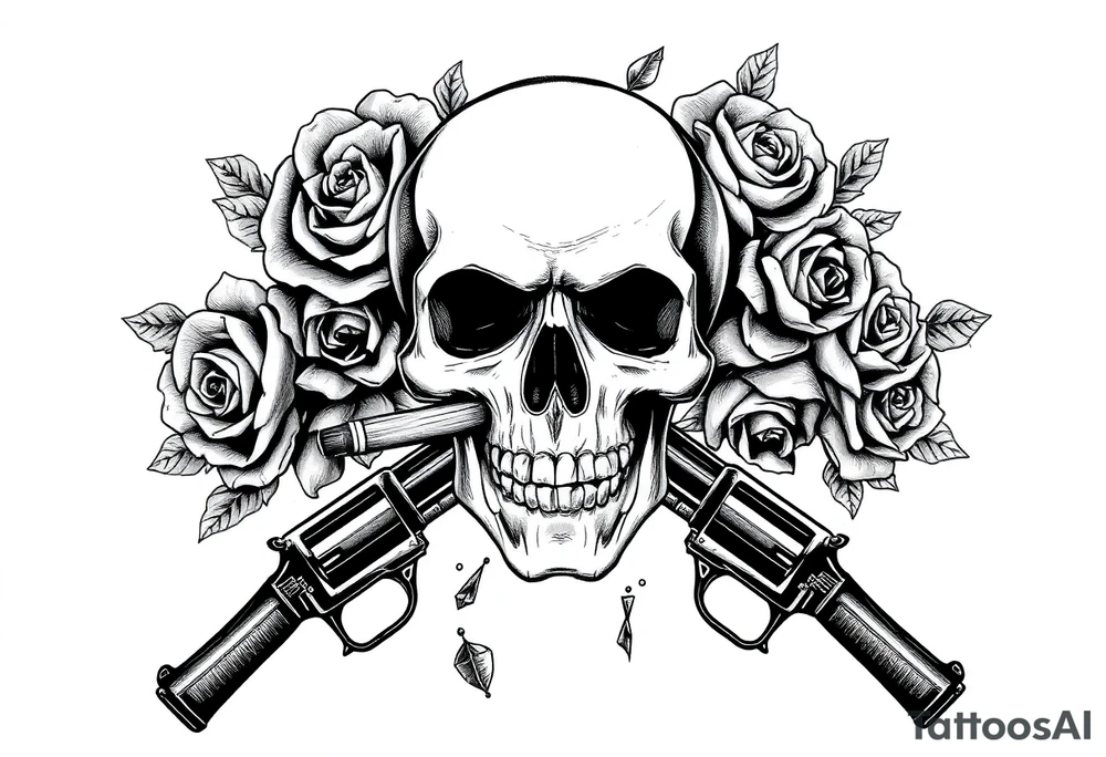 A skull with a cigar, surrounded by thorny roses and crossed pistols. tattoo idea