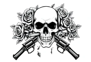 A skull with a cigar, surrounded by thorny roses and crossed pistols. tattoo idea