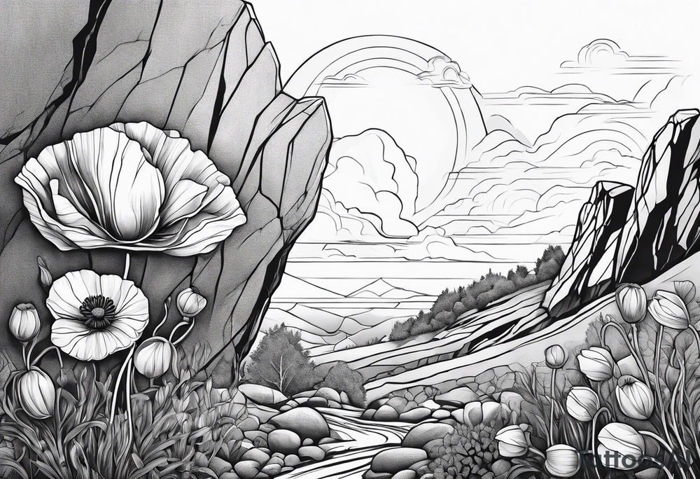 poppy growing out of boulder with roots enveloping rock tattoo idea