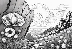 poppy growing out of boulder with roots enveloping rock tattoo idea