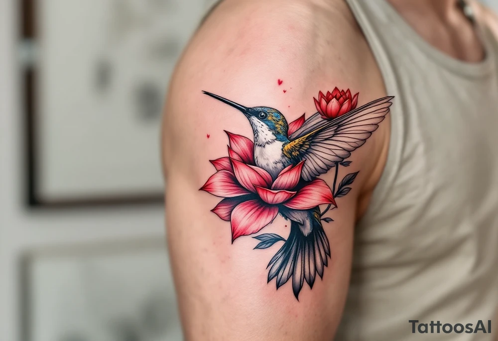 hummingbird drinking from lotus flower (Red and black colors only) tattoo idea