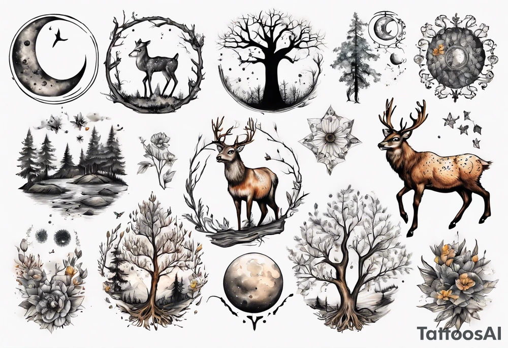 wasser, sonne, mond, eule  wald, hirsch, blume des lebens, 
baum, berlin tattoo idea