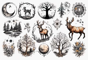 wasser, sonne, mond, eule  wald, hirsch, blume des lebens, 
baum, berlin tattoo idea