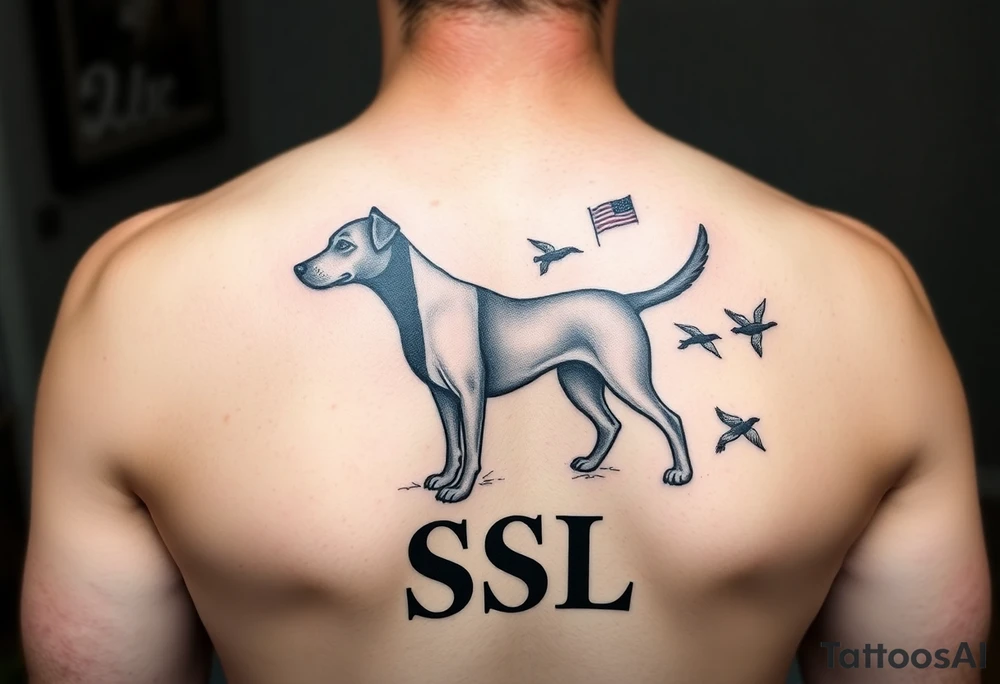 Hunting tattoo featuring an upland dog silhouette, Italian and American flag, SSL initials, with some ducks in sky tattoo idea