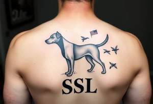 Hunting tattoo featuring an upland dog silhouette, Italian and American flag, SSL initials, with some ducks in sky tattoo idea