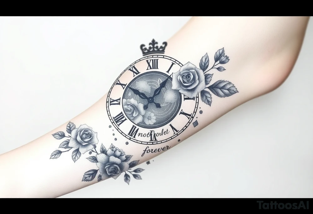 Roman clock with roses and a crown,  a quote that says nothings forever. and on the bottom a deck of cards tattoo idea