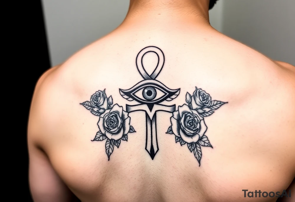 The ankh symbol with the eye of horus intertwined with roses tattoo idea