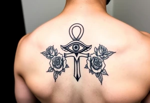 The ankh symbol with the eye of horus intertwined with roses tattoo idea