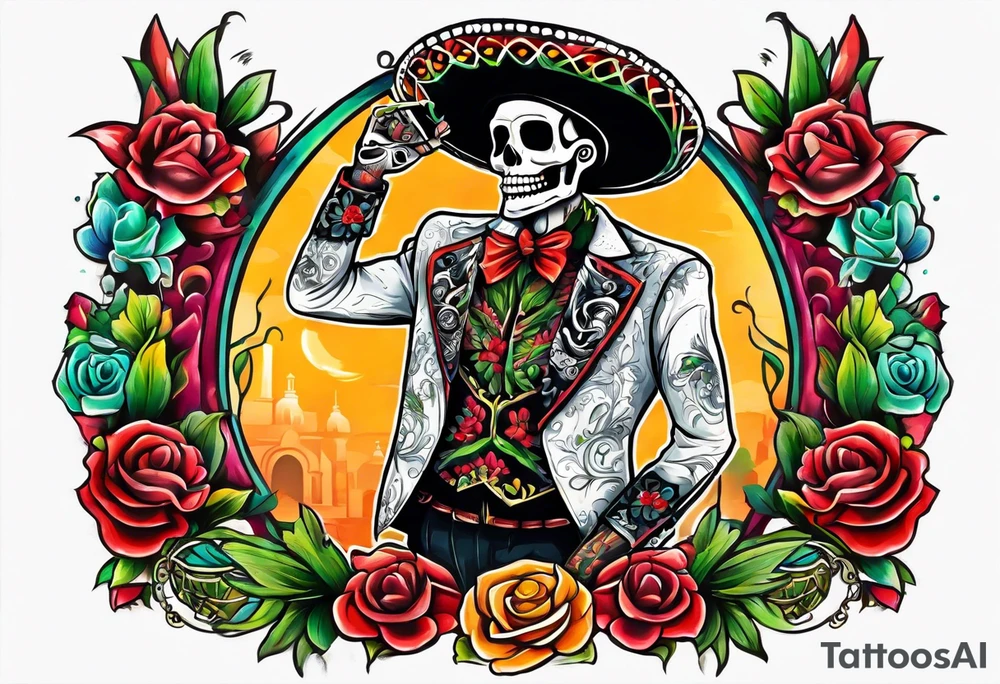 Mexico day of dead  man standing
 skeleton drink tattoo idea