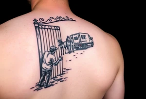 Gate with a man leaning on it feeding horses with a squatted truck in the back tattoo idea