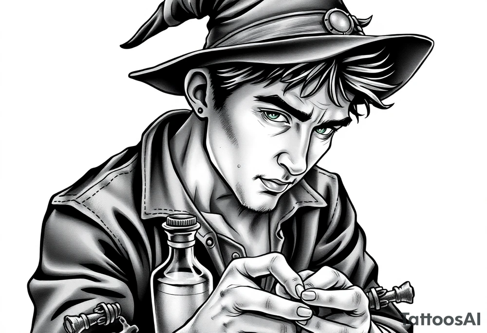 Handsome young adult guy is  accidentally stumbled upon witch tools, supplies, artifacts, potions and exploring it curiously tattoo idea