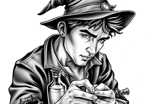 Handsome young adult guy is  accidentally stumbled upon witch tools, supplies, artifacts, potions and exploring it curiously tattoo idea