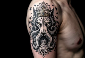 powerful majestic wolf octopus with a crown, surrounded by floral ornaments and birds tattoo idea