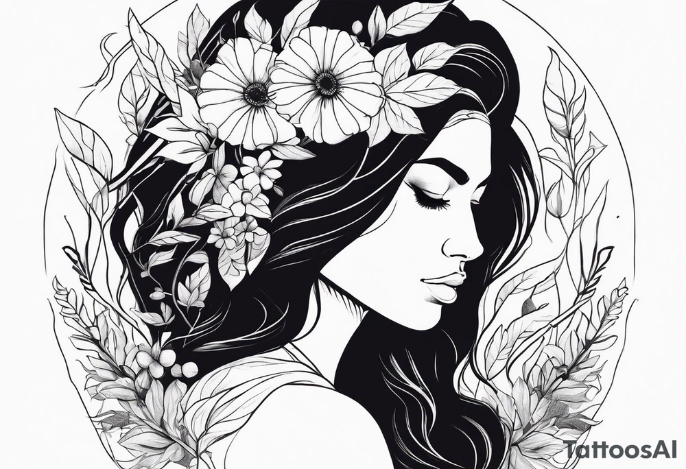 Powerful sexy warrior woman wearing animal fur surrounded by flowers and vines tattoo idea