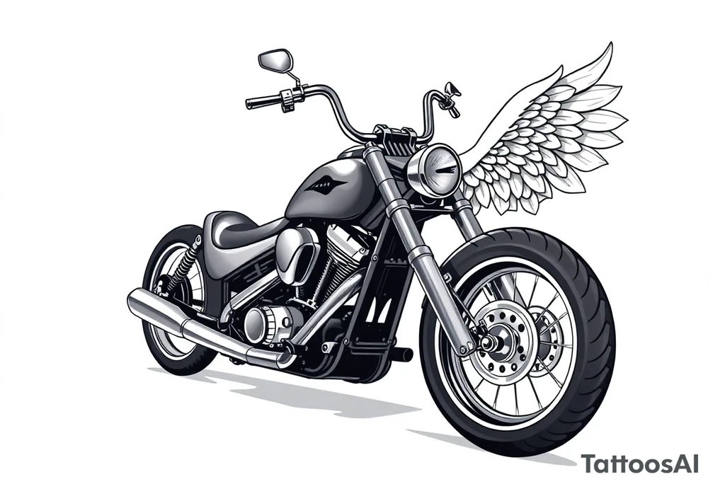 Low rider grey motorcycle, big muffler pipes with flames, angel wings, driving away, no person tattoo idea