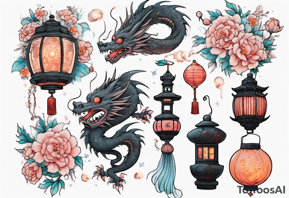 spirited away, chihiro, soot sprites, haku dragon, pastel, flowers, chinese lanterns, manga, neotraditional style tattoo forearm tattoo idea