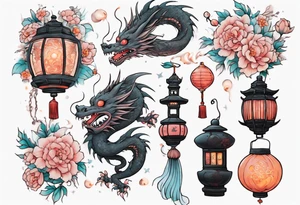 spirited away, chihiro, soot sprites, haku dragon, pastel, flowers, chinese lanterns, manga, neotraditional style tattoo forearm tattoo idea
