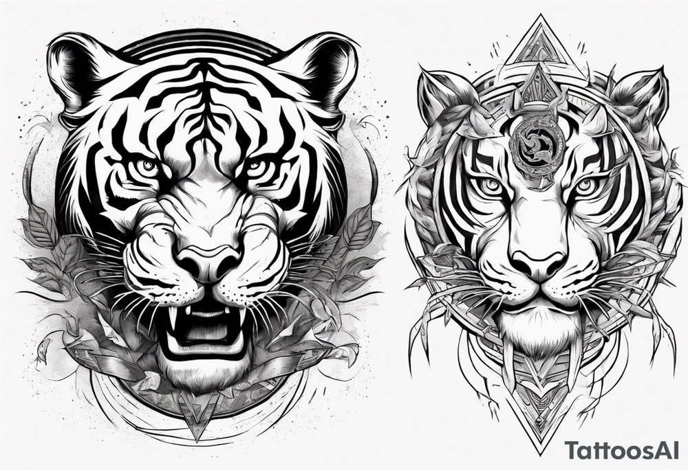 Ancient tiger with lightning and a sun for a forearm sleeve. With patterns surrounding it tattoo idea