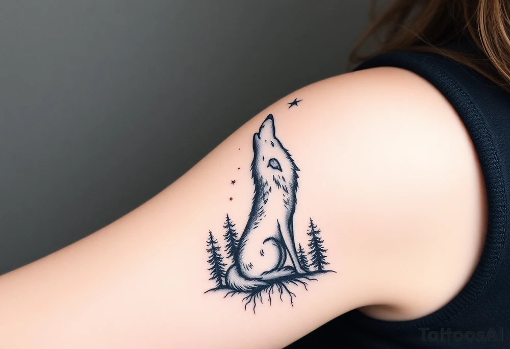 Lone wolf howling at the moon in the forest in the night Columba star tattoo idea