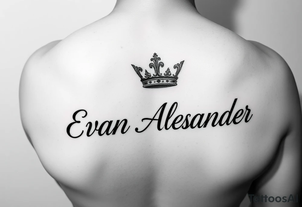 Name tattoo that says Evan Alexander with a crown on forearm tattoo idea