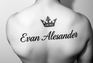 Name tattoo that says Evan Alexander with a crown on forearm tattoo idea