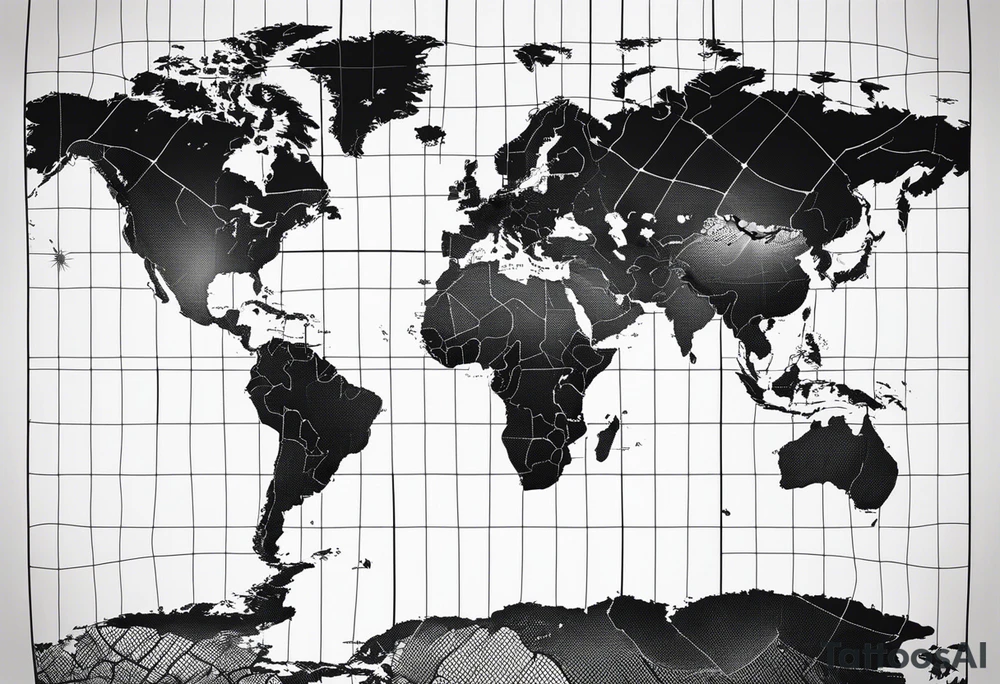 a flat map of the earth on a small fading grid tattoo idea