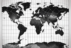 a flat map of the earth on a small fading grid tattoo idea
