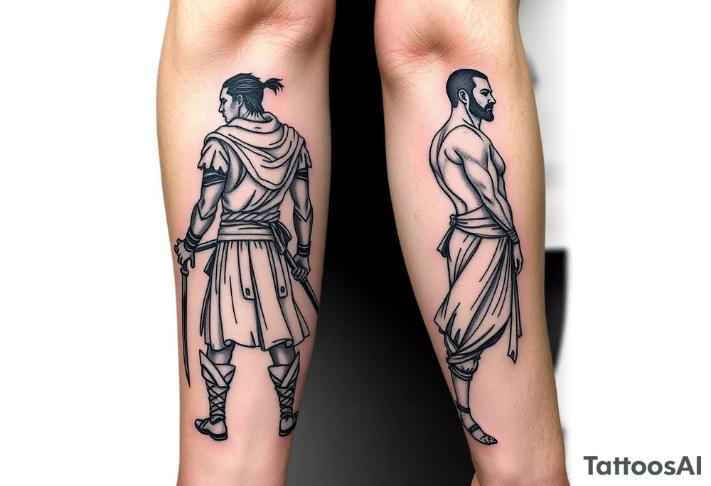 Warrior and Peace man standing back to back tattoo idea