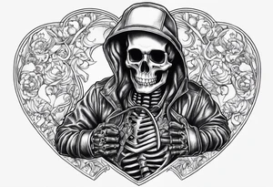 skeleton wearing a welding hood tig welding a heart back together tattoo idea