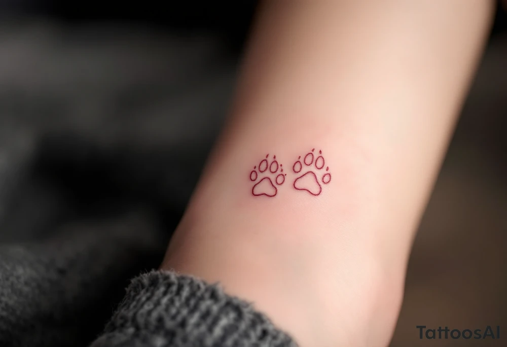 Two delicate paw outlined in pink, placed near the heart or wrist, elegant and minimal. tattoo idea