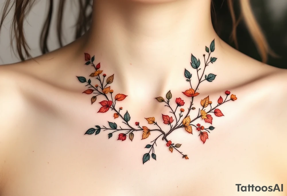 Two separate collarbone tattoos of long, stems and branches covered with red, orange, yellow and dark forest green leaves and flowers, academia, witchy, muted, delicate and gentle but moody, long and thin, following the collarbone. More muted, not so bright, darker colors. Fewer amount of leaves, larger leaves tattoo idea