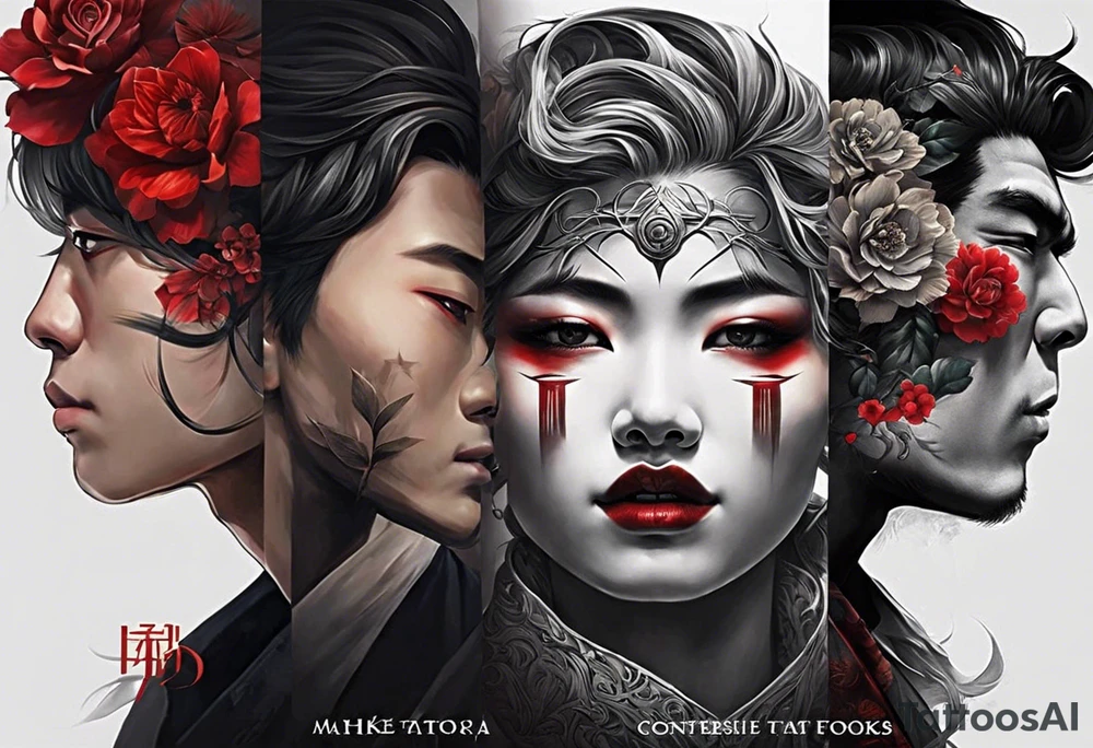 The Japanese say you have three faces. The first face, you show to the world. The second face, you show to your close friends and your family. The third face, you never show anyone.

make it for a chest piece and make it darker

make it three different faces but connect there necks tattoo idea