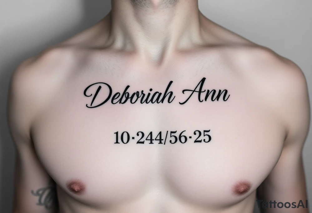 Deborah Ann in cursive in chest with 10/23/56-25 on the bottom but in Roman numerals tattoo idea