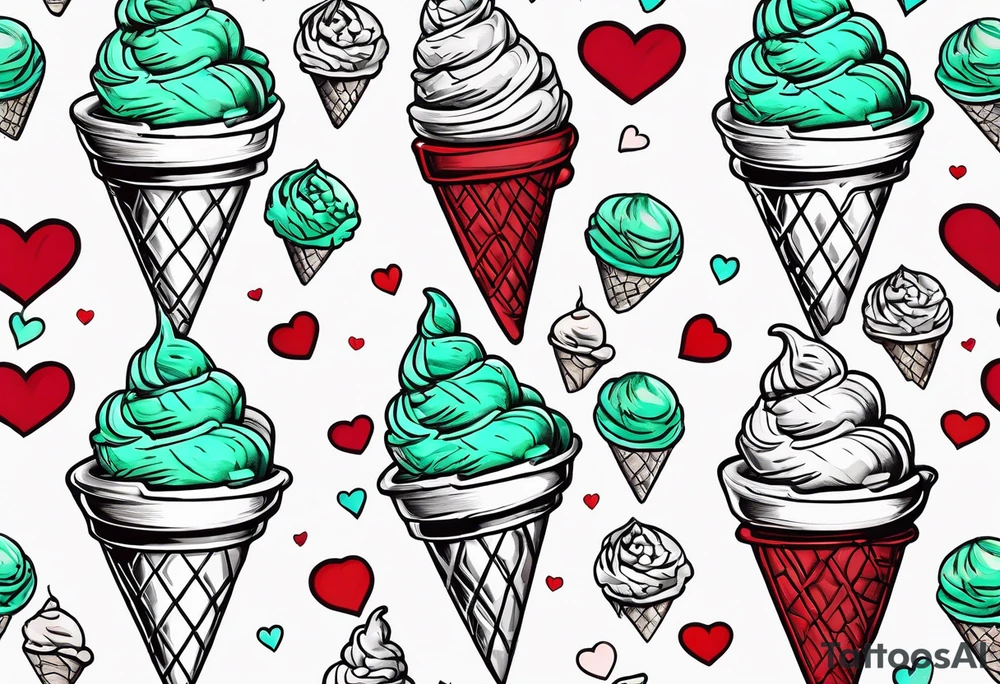 mint chocolate chip ice cream cone with small red heart on it somewhere. tattoo idea
