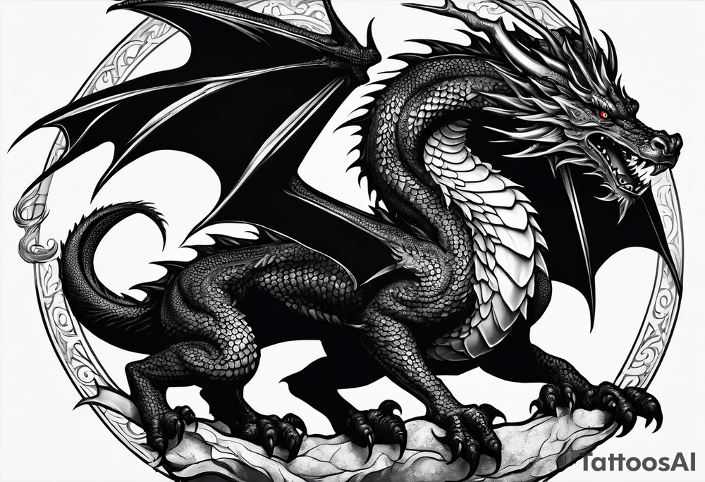 A medieval and powerful black dragon, flinging with a medieval and powerful black dragon. tattoo idea